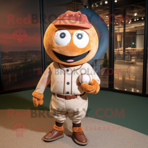 Rust Baseball Ball mascot costume character dressed with a Sweater and Suspenders