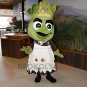 Olive Ceviche mascot costume character dressed with a Skirt and Foot pads