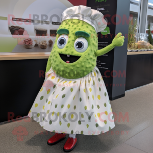 Olive Ceviche mascot costume character dressed with a Skirt and Foot pads