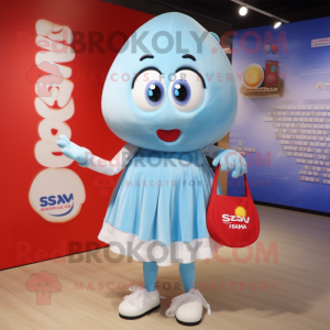 Sky Blue Shakshuka mascot costume character dressed with a Mini Skirt and Clutch bags