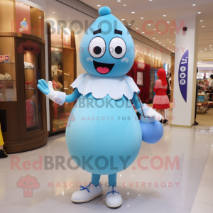 Sky Blue Shakshuka mascot costume character dressed with a Mini Skirt and Clutch bags