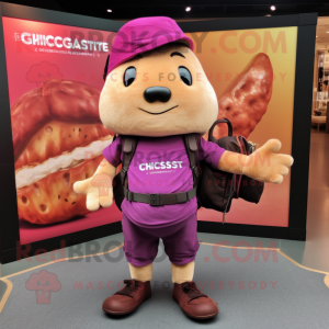 Magenta Croissant mascot costume character dressed with a Cargo Shorts and Wallets