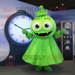 Lime Green Cod mascot costume character dressed with a Circle Skirt and Digital watches