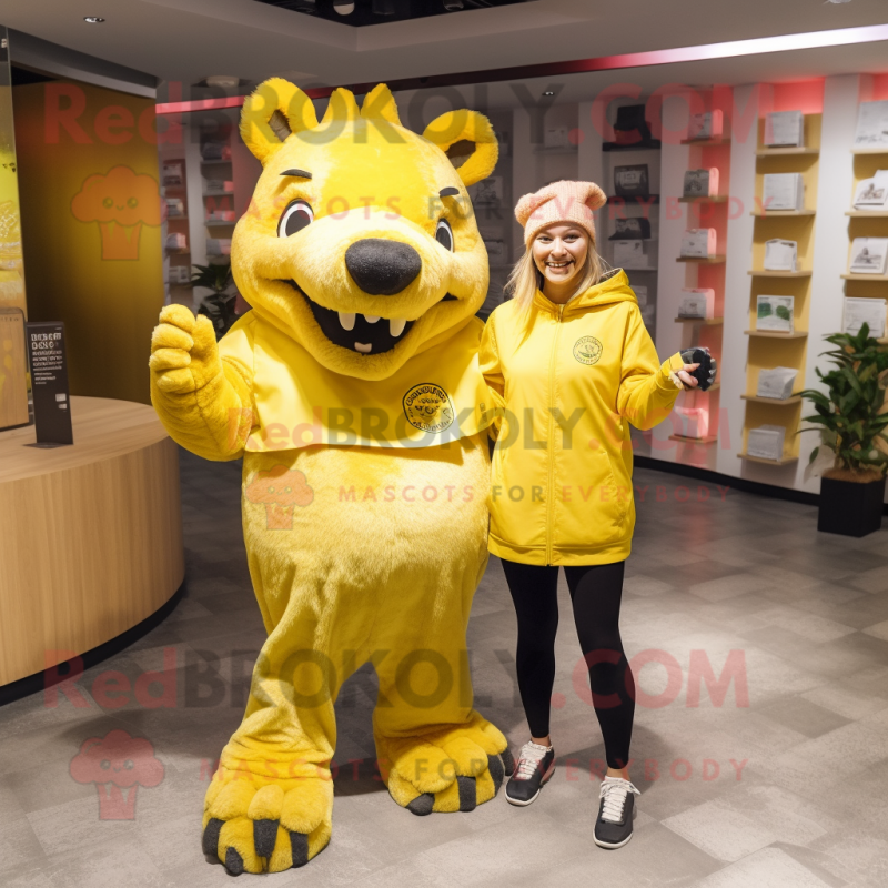 Lemon Yellow Wild Boar mascot costume character dressed with a Culottes and Watches