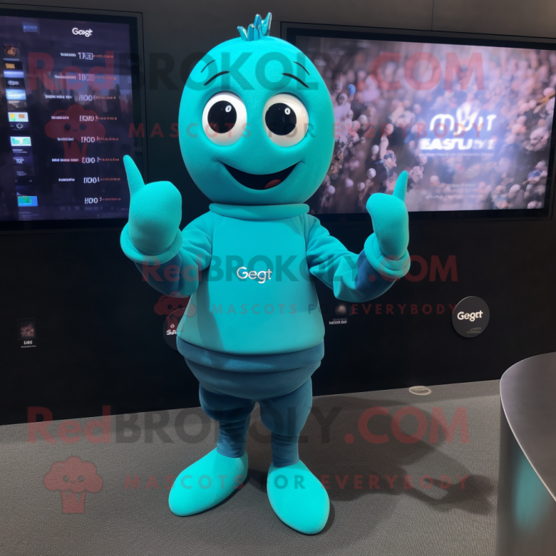 Cyan Aglet mascot costume character dressed with a Sweater and Smartwatches