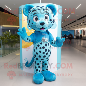 Sky Blue Cheetah mascot costume character dressed with a Rash Guard and Hairpins