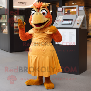 Rust Butter Chicken mascot costume character dressed with a Empire Waist Dress and Wallets