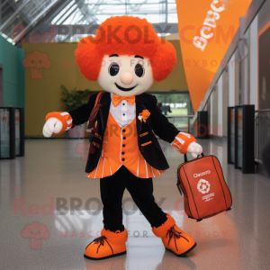 Orange Irish Dancer mascot costume character dressed with a Blazer and Messenger bags
