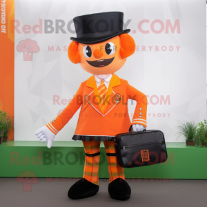Orange Irish Dancer mascot costume character dressed with a Blazer and Messenger bags