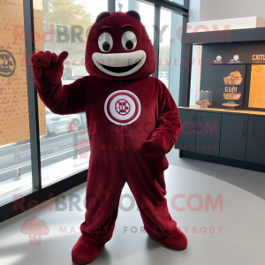 Maroon Bagels mascot costume character dressed with a Jumpsuit and Gloves