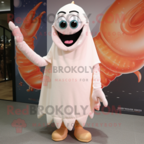Cream Shrimp Scampi mascot costume character dressed with a Trousers and Shawls