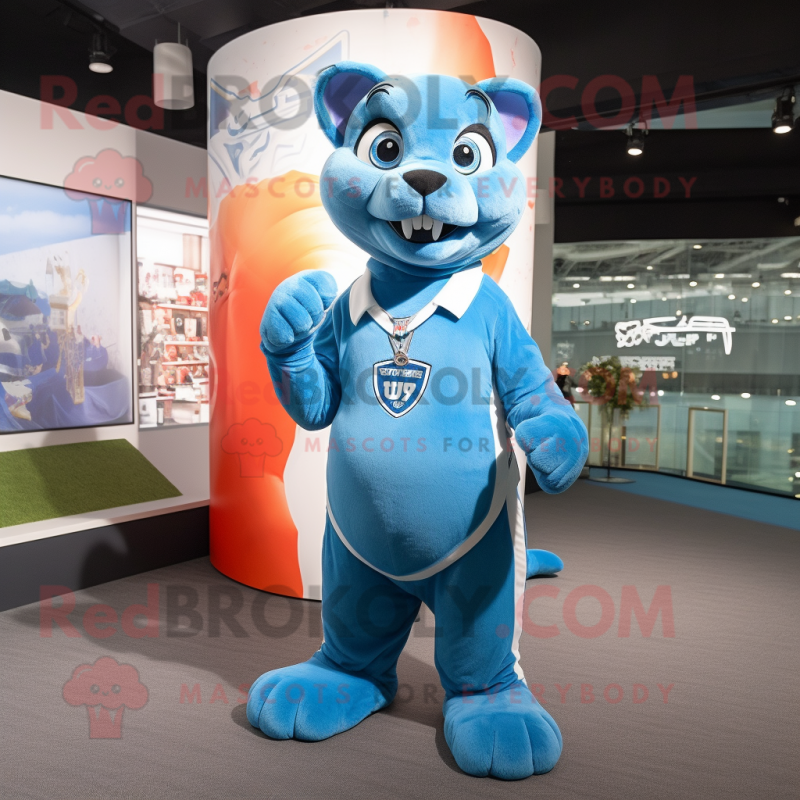 Sky Blue Puma mascot costume character dressed with a Polo Shirt and Rings