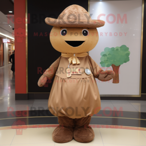 Brown Dim Sum mascot costume character dressed with a Mini Dress and Hat pins