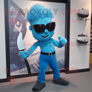 Cyan Knife Thrower mascot costume character dressed with a Jeggings and Sunglasses
