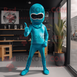 Cyan Knife Thrower mascot costume character dressed with a Jeggings and Sunglasses