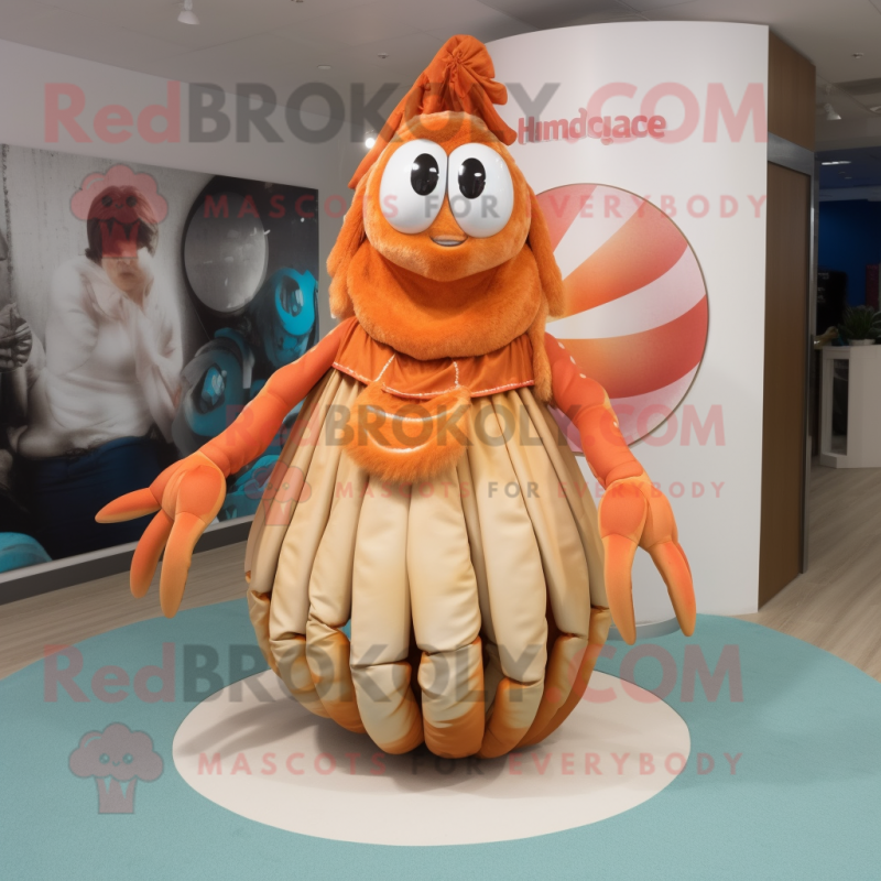 Peach Hermit Crab mascot costume character dressed with a Maxi Dress and Beanies