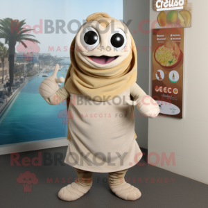 Beige Ceviche mascot costume character dressed with a Turtleneck and Wraps