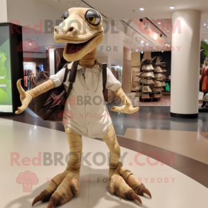 Beige Velociraptor mascot costume character dressed with a Leggings and Handbags