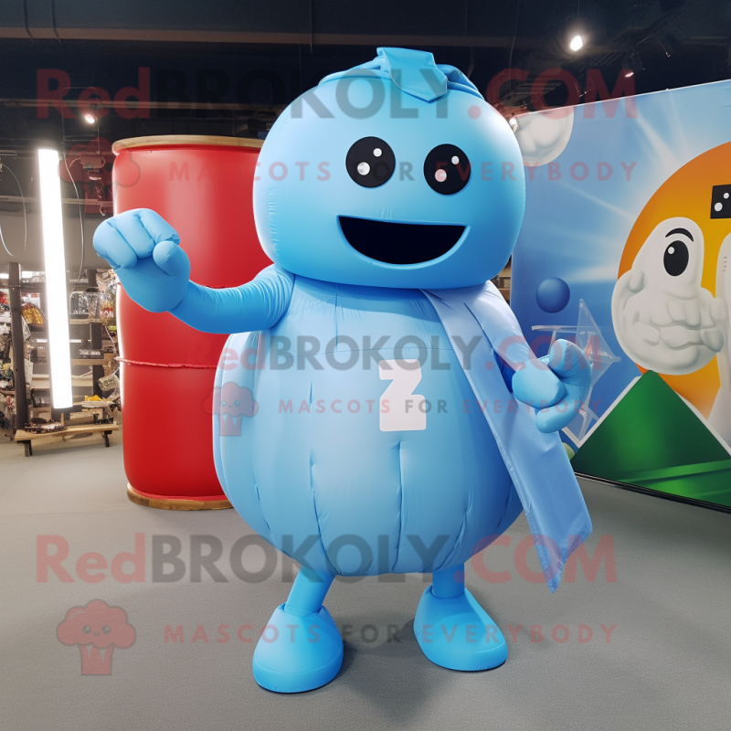 Sky Blue Human Cannon Ball mascot costume character dressed with a Long Sleeve Tee and Belts