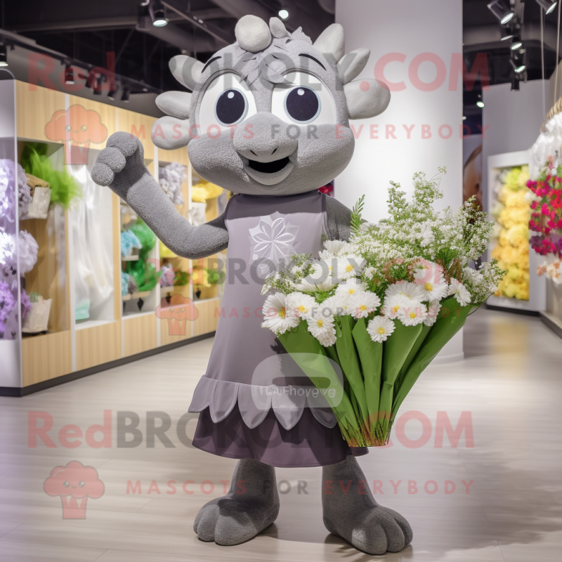 Gray Bouquet Of Flowers mascot costume character dressed with a Wrap Dress and Backpacks