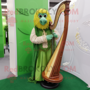 Lime Green Celtic Harp mascot costume character dressed with a Waistcoat and Reading glasses