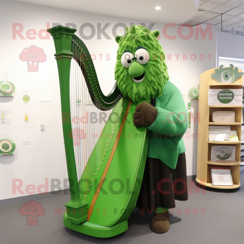 Lime Green Celtic Harp mascot costume character dressed with a Waistcoat and Reading glasses