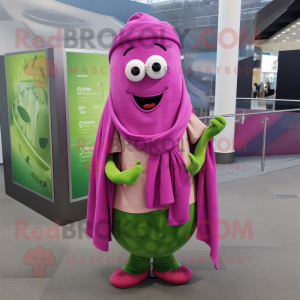 Magenta Cucumber mascot costume character dressed with a Jeggings and Scarf clips