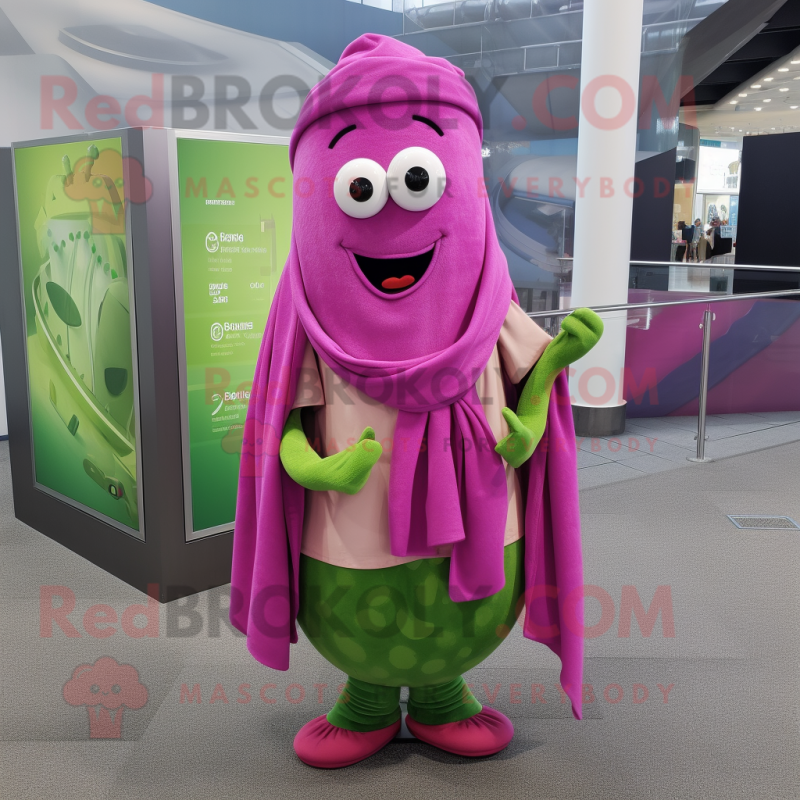 Magenta Cucumber mascot costume character dressed with a Jeggings and Scarf clips