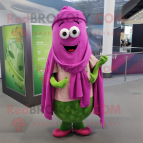 Magenta Cucumber mascot costume character dressed with a Jeggings and Scarf clips
