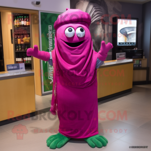 Magenta Cucumber mascot costume character dressed with a Jeggings and Scarf clips