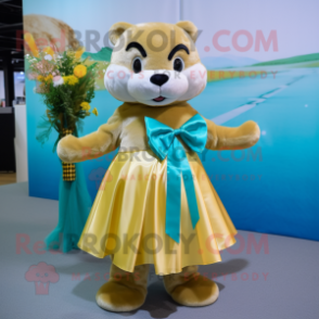 Gold Otter mascot costume character dressed with a A-Line Skirt and Bow ties