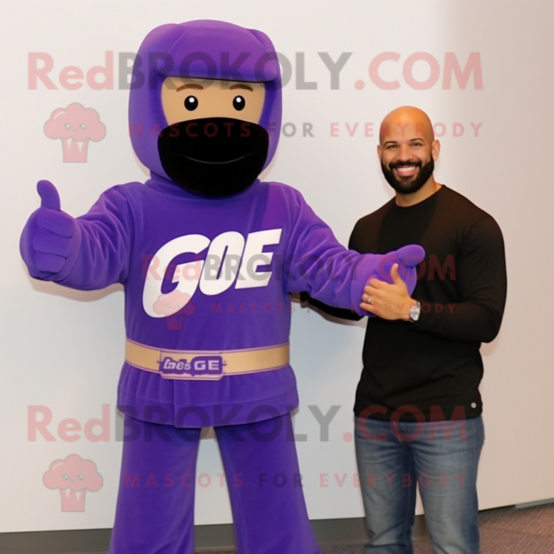 Purple Gi Joe mascot costume character dressed with a Sweatshirt and Ties