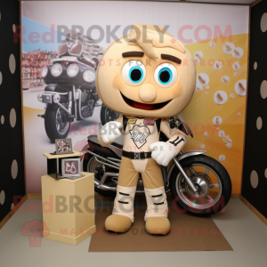 Beige Candy Box mascot costume character dressed with a Moto Jacket and Earrings