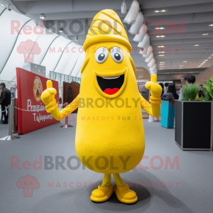 Lemon Yellow French Fries mascot costume character dressed with a Cover-up and Berets