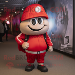 Red Oyster mascot costume character dressed with a Joggers and Backpacks