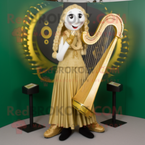 Gold Celtic Harp mascot costume character dressed with a Skirt and Shoe clips