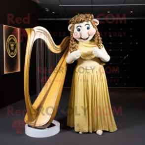 Gold Celtic Harp mascot costume character dressed with a Skirt and Shoe clips