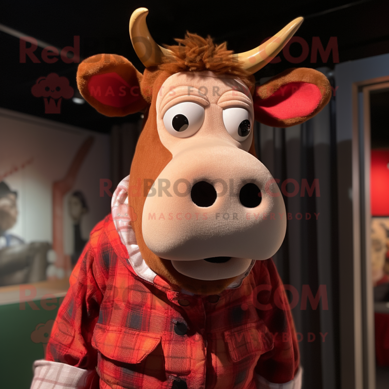 Personaje de traje de mascota de vaca Jersey rojo vestido con un