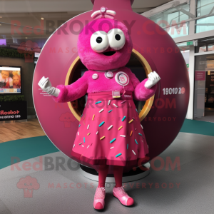 Magenta Donut mascot costume character dressed with a Shift Dress and Digital watches