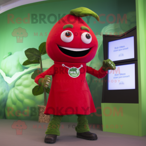 Red Beanstalk mascot costume character dressed with a T-Shirt and Digital watches