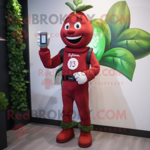 Red Beanstalk mascot costume character dressed with a T-Shirt and Digital watches