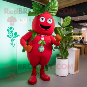 Red Beanstalk mascot costume character dressed with a T-Shirt and Digital watches