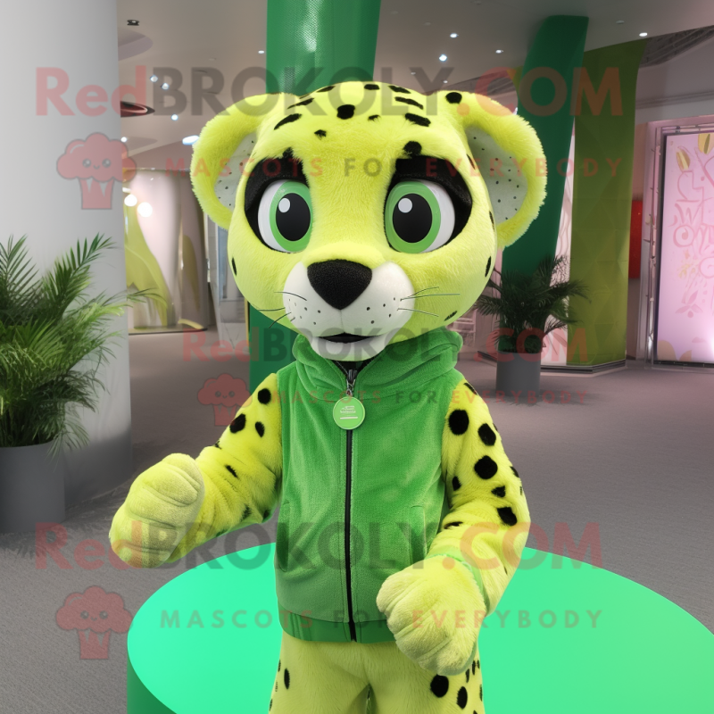 Lime Green Cheetah mascot costume character dressed with a Button-Up Shirt and Wraps