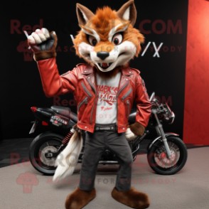 Red Lynx mascot costume character dressed with a Biker Jacket and Wallets