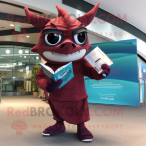 Maroon Swordfish mascot costume character dressed with a Capri Pants and Reading glasses