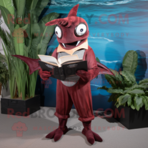 Maroon Swordfish mascot costume character dressed with a Capri Pants and Reading glasses