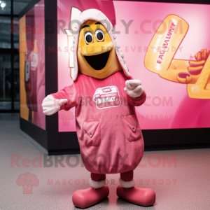 Pink Currywurst mascot costume character dressed with a Parka and Headbands