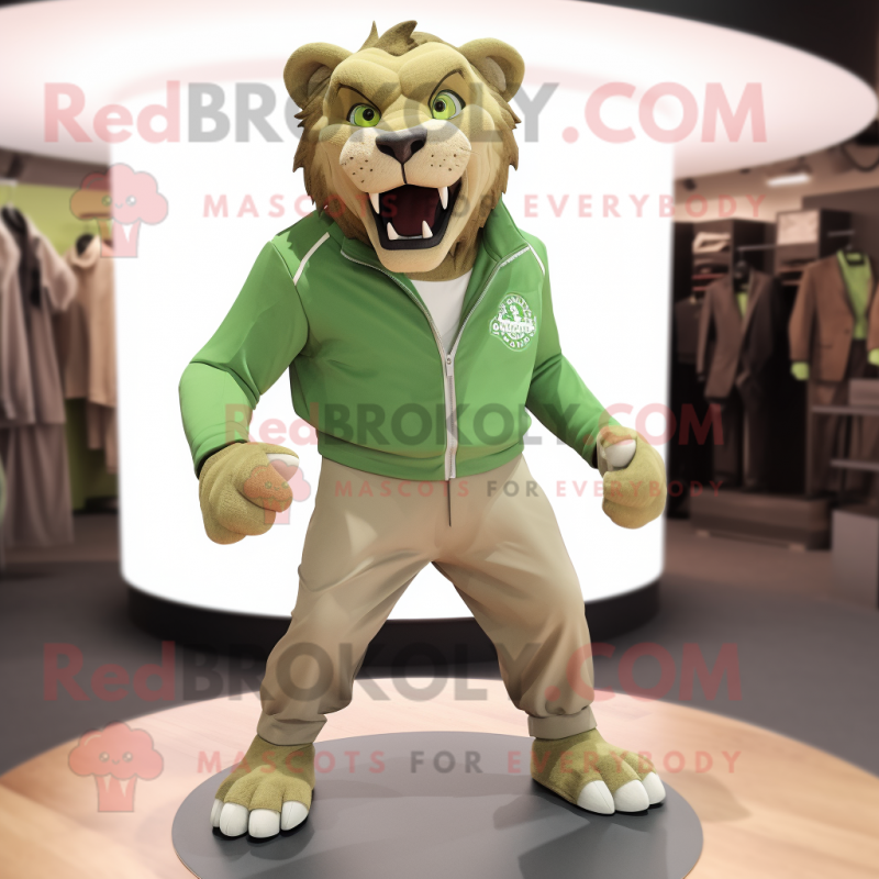 Green Smilodon mascot costume character dressed with a Chinos and Shoe clips