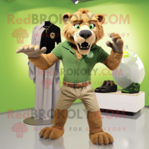 Green Smilodon mascot costume character dressed with a Chinos and Shoe clips