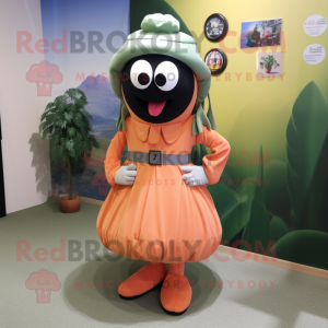 Peach Para Commando mascot costume character dressed with a Maxi Skirt and Shoe clips